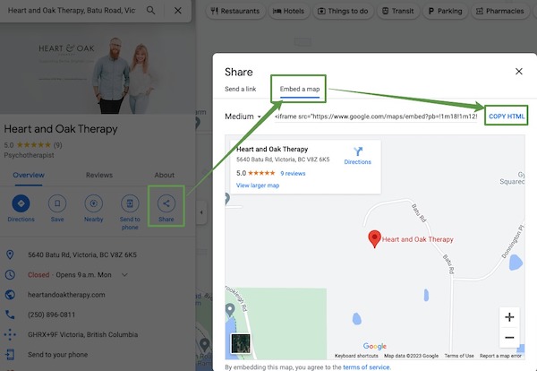 Example of embedded Google Map on a contact page