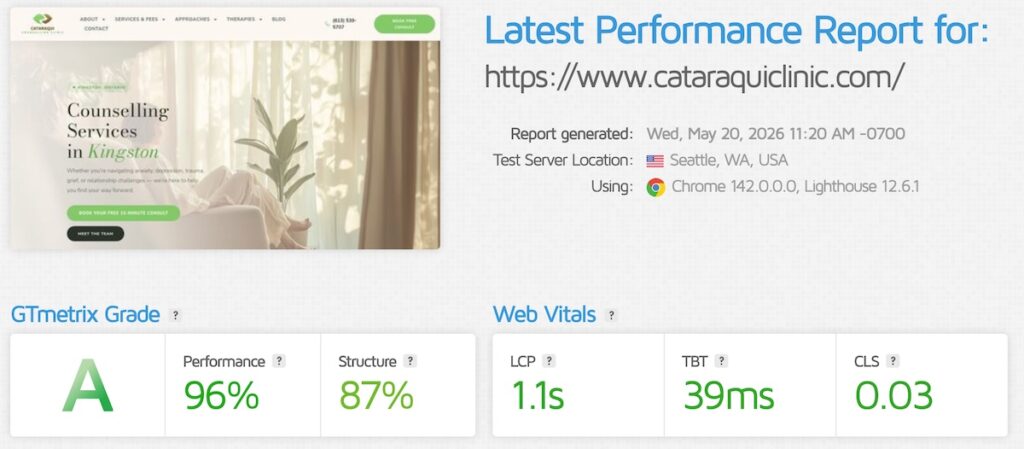 GTmetrix performance report for cataraquiclinic.com