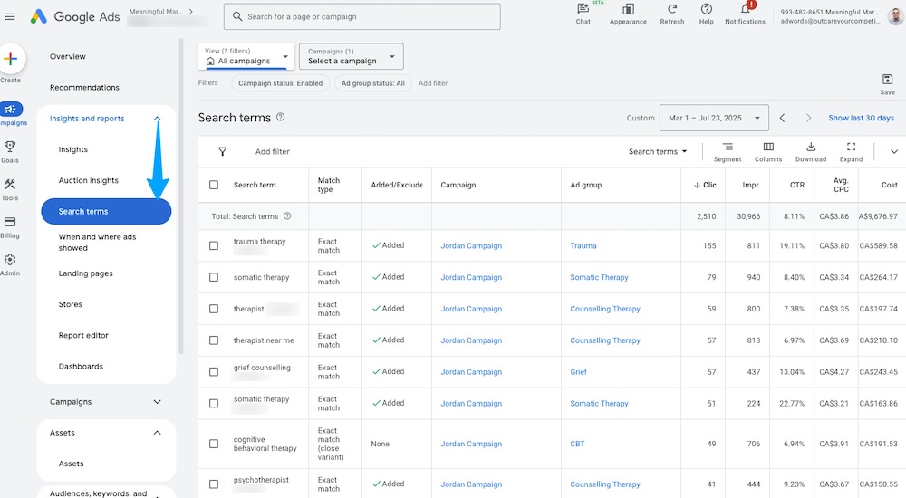 Google Ads Search Terms Report showing irrelevant queries
