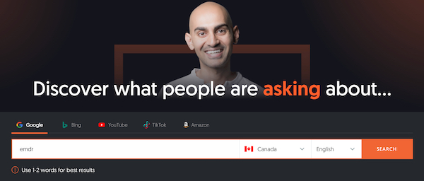 Answer the Public tool showing therapy-related search queries