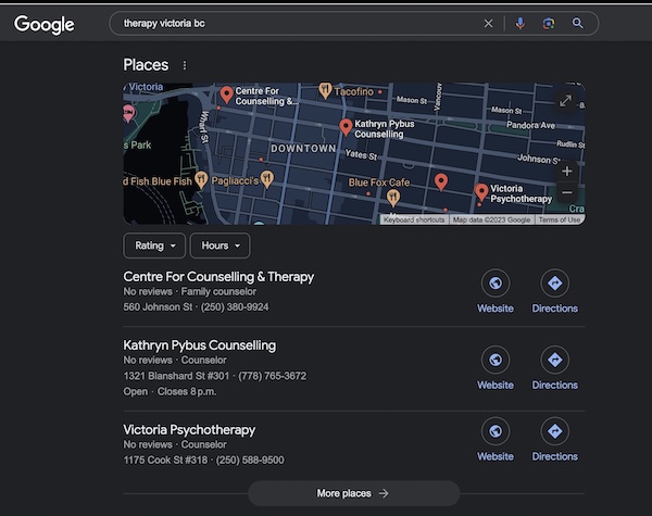 Google search results showing map pack for therapy services