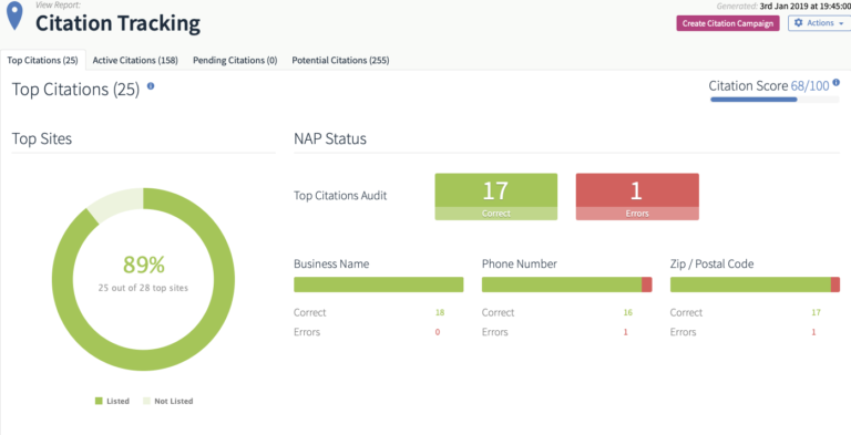 Example of a strong NAP score in Brightlocal