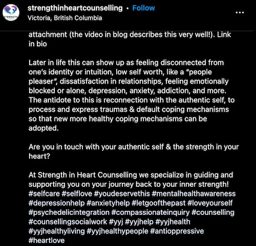 Instagram hashtag strategy example for therapists