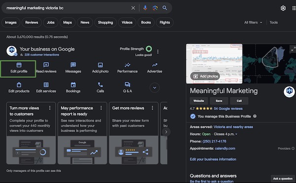 Editing your Google Business Profile from search results